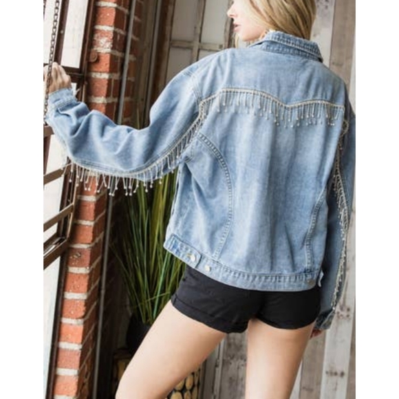 . Vervet Distressed Rhinestone Fringe Long Sleeve Denim Jacket - Picture 5 of 8